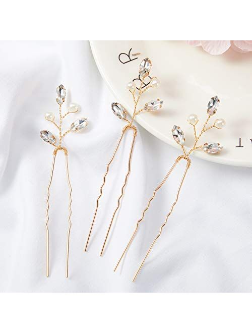6 Pieces Bridal Hair Pins Pearl Crystal Hair Accessory Vintage Wedding Party Hair Pins for Bride, Bridesmaids, Flower Girls (Gold)