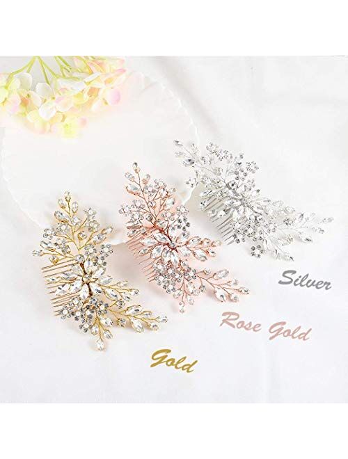 Catery Flower Crystal Bride Wedding Hair Comb Hair Accessories with Pearl Bridal Side Combs Headpiece for Women (Silver) (Silver)