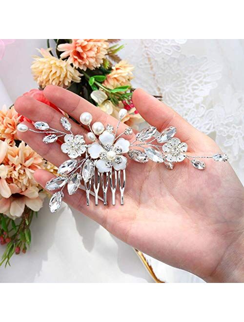 Gorais Bride Wedding Hair Comb Silver Flower Bridal Hair Piece Crystal Side Combs Hair Accessories for Women and Girls
