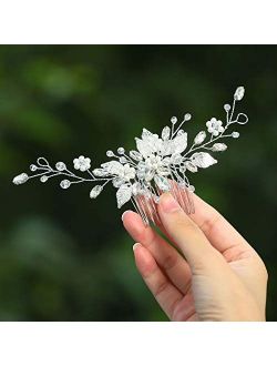 Gorais Leaf Bride Wedding Hair Comb Silver Pearl Bridal Hair Piece Crystal Side Comb Hair Accessories for Women and Girls