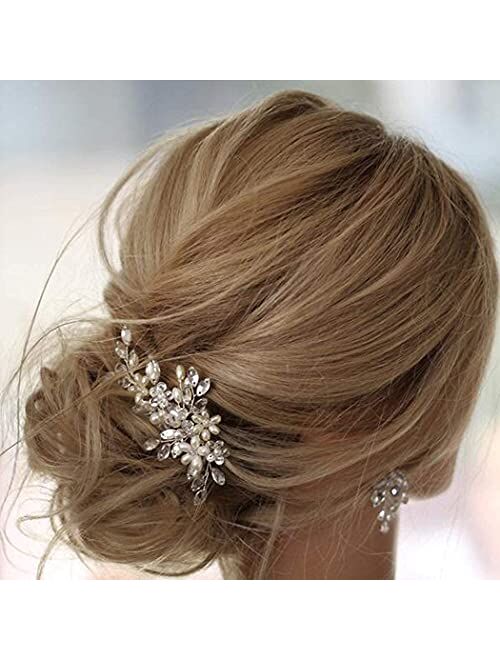 Earent Bride Wedding Pearl Hair Pins Silver Bridal Hair Accessories Rhinestone Hair Pieces Flower Headpieces for Women and Girls