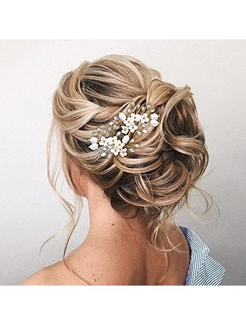 UNSUTUO Bride White Flower Wedding Hair Pins Clips Rhinestone Silver Bridal Hair Piece Accessories for Women, Set of 3 (Silver)