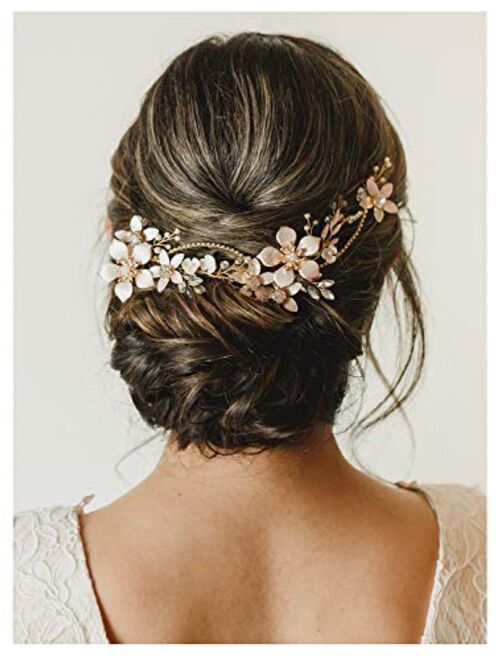 SWEETV Gold Bridal Headpieces for Bride Flower Wedding Headband Hair Vine Crystal Hair Pieces for Women