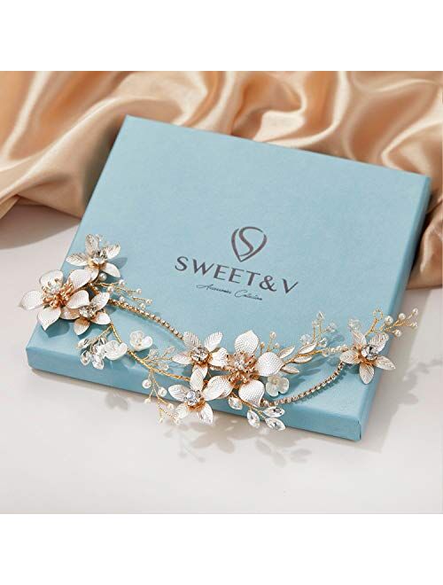 SWEETV Gold Bridal Headpieces for Bride Flower Wedding Headband Hair Vine Crystal Hair Pieces for Women