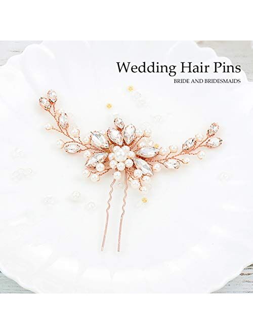 Unicra Bride Wedding Crystal Hair Pins Pearl Bridal Hair Pieces Rose Gold Wedding Flower Hair Accessories for Women and Girls