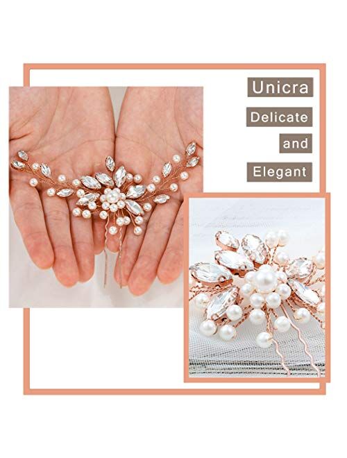 Unicra Bride Wedding Crystal Hair Pins Pearl Bridal Hair Pieces Rose Gold Wedding Flower Hair Accessories for Women and Girls