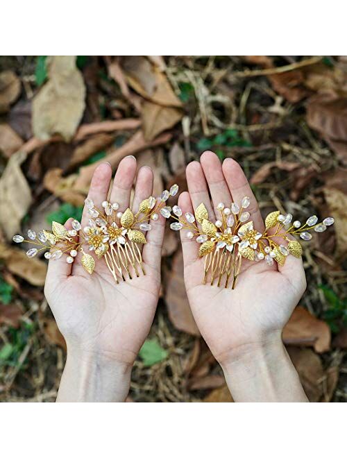 Unicra Flower Bride Wedding Hair Comb Leaf Bridal Hair Piece Pearl Crystal Headpiece for Women and Girls (2 Pcs) (Silver)
