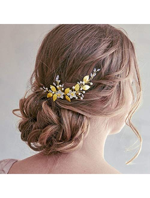 Unicra Flower Bride Wedding Hair Comb Leaf Bridal Hair Piece Pearl Crystal Headpiece for Women and Girls (2 Pcs) (Silver)