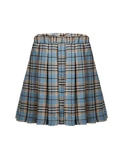 Hansber Children Girls Scottish Style Knee Length Full A-Line Pull-On Pleated Plaid Skirt with Elastic Waistband