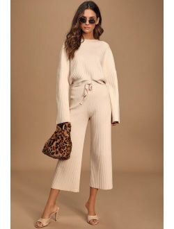 Snuggly Style Cream Ribbed Knit Wide-Leg Pants