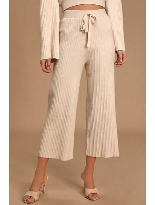 Lulus Snuggly Style Cream Ribbed Knit Wide-Leg Pants