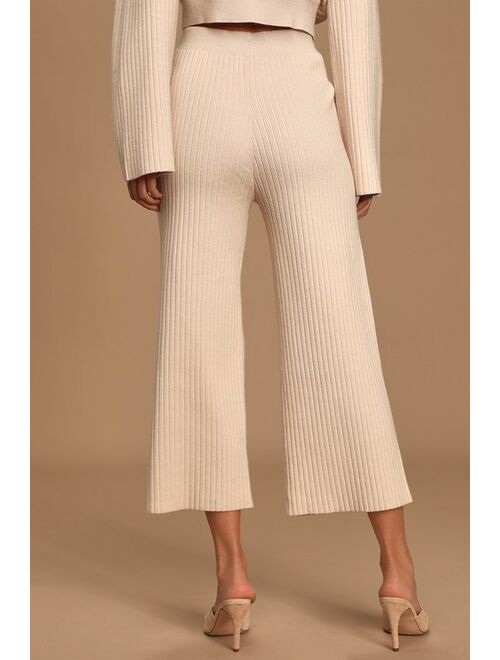 Lulus Snuggly Style Cream Ribbed Knit Wide-Leg Pants