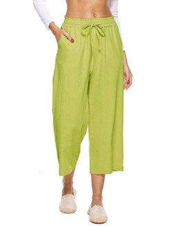 LNX Womens Linen Pants High Waisted Wide Leg Drawstring Casual Loose Trousers with Pockets