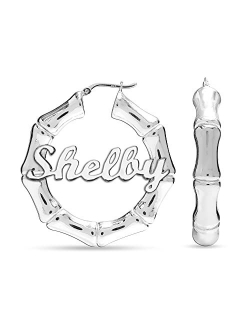 Personalized Customized Sterling Silver Two-Tone Bamboo Name Hoop Earrings for Women Teen