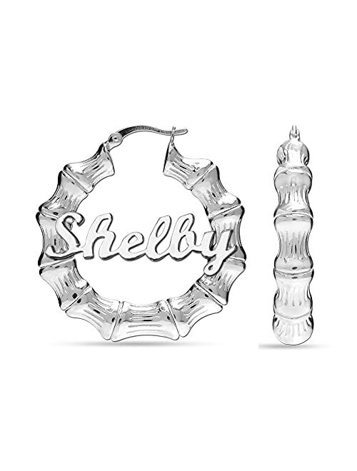 Personalized Customized Sterling Silver Two-Tone Bamboo Name Hoop Earrings for Women Teen