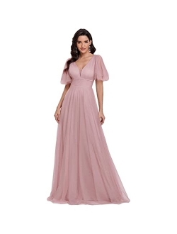 Women's Illusion Short Sleeve Summer Tulle Bridesmaid Dresses for Prom Wedding 0278