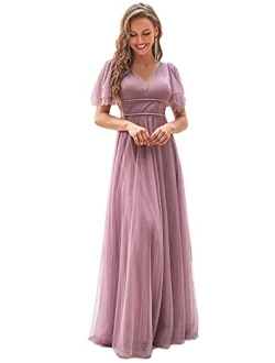 Women's Illusion Short Sleeve Summer Tulle Bridesmaid Dresses for Prom Wedding 0278