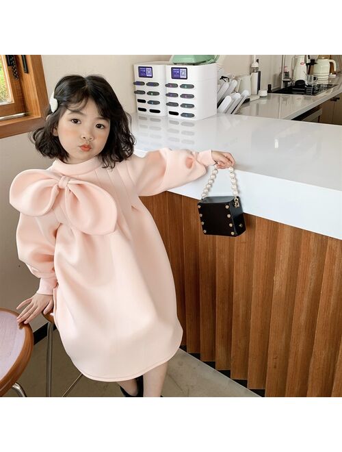 Girls Winter Dress Long Sleeve Pink Color Unique Design Princess Dress with Bow Children Sweet Dress Clothes for Baby Girl