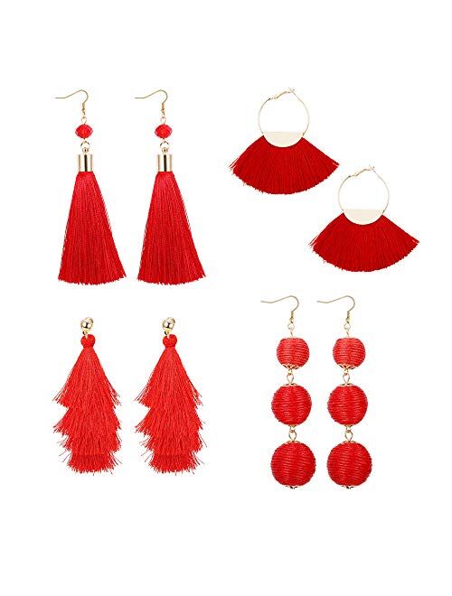 LOYALLOOK 4Pairs Tassel Earrings For Women Fan Shape Tassel Earrings Long Thread Tassel Earrings Bohemian Fringe Drop Handmade Earrings