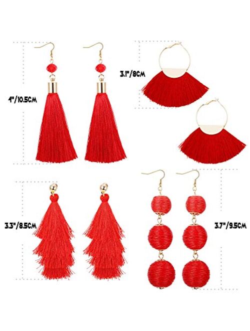 LOYALLOOK 4Pairs Tassel Earrings For Women Fan Shape Tassel Earrings Long Thread Tassel Earrings Bohemian Fringe Drop Handmade Earrings