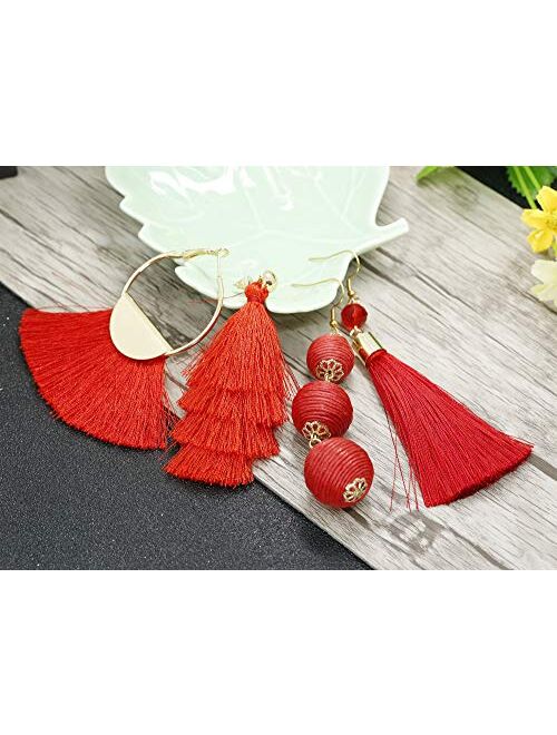 LOYALLOOK 4Pairs Tassel Earrings For Women Fan Shape Tassel Earrings Long Thread Tassel Earrings Bohemian Fringe Drop Handmade Earrings