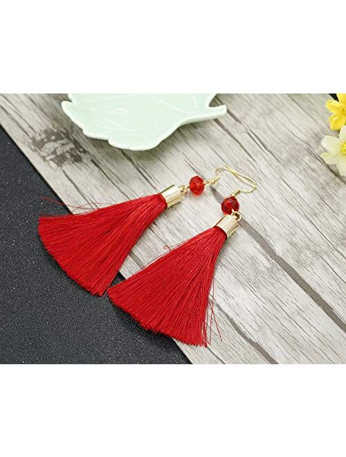 LOYALLOOK 4Pairs Tassel Earrings For Women Fan Shape Tassel Earrings Long Thread Tassel Earrings Bohemian Fringe Drop Handmade Earrings