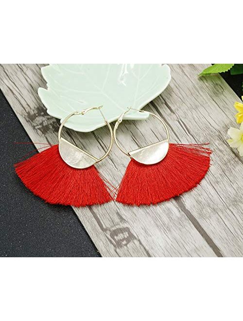 LOYALLOOK 4Pairs Tassel Earrings For Women Fan Shape Tassel Earrings Long Thread Tassel Earrings Bohemian Fringe Drop Handmade Earrings