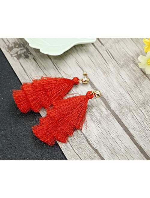 LOYALLOOK 4Pairs Tassel Earrings For Women Fan Shape Tassel Earrings Long Thread Tassel Earrings Bohemian Fringe Drop Handmade Earrings