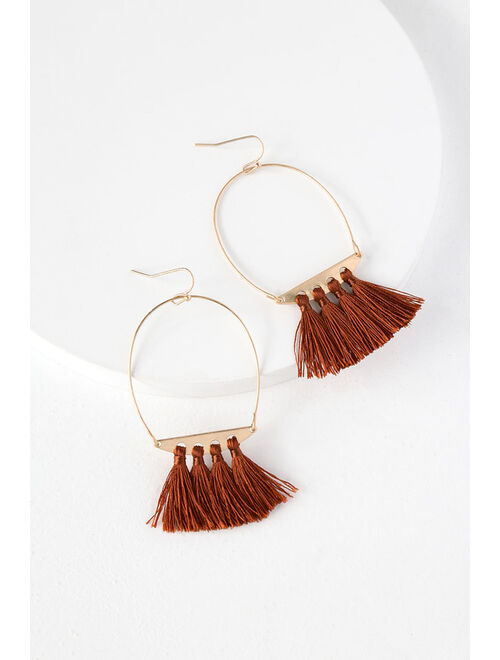 Lulus Favorite Charm Gold and Rust Red Tassel Earrings