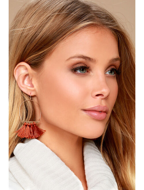 Lulus Favorite Charm Gold and Rust Red Tassel Earrings