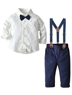 SANGTREE Baby Boys Clothes, Dress Shirt with Bowtie + Suspender Pants, 6 Months - 6 Years