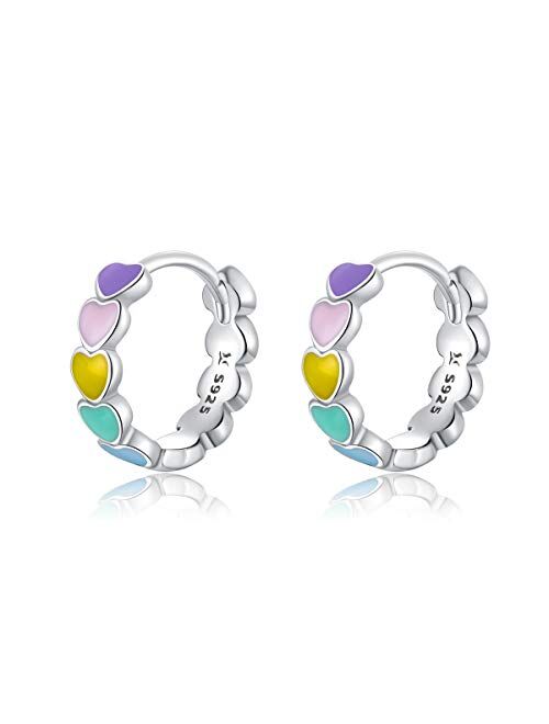 925 Sterling Silver Girls' Hoop Earrings Rainbow Love Heart Colorful Enamel for Kids Women's Earrings 14K Gold Plated Hypoallergenic for Women Fashion Birthday Valentine'