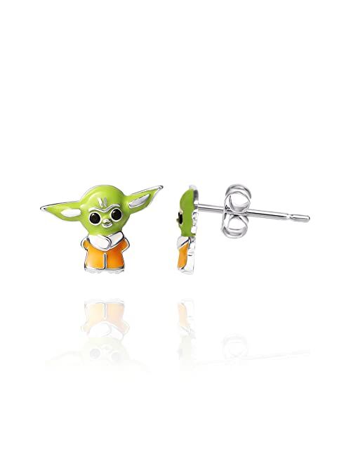 Disney Star Wars The Mandalorian The Child Sterling Silver 3D Grogu Enamel Stud Earrings, Officially Licensed
