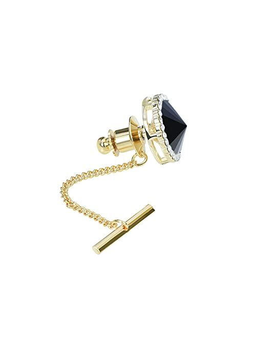 YYBONNIE Men's Classic Round Crystal Men's Tie Tack Gold Color Tie Tack Clutch Back Fashion Necktie Tack Pin with Chain Crystal Lapel Pins Brooch