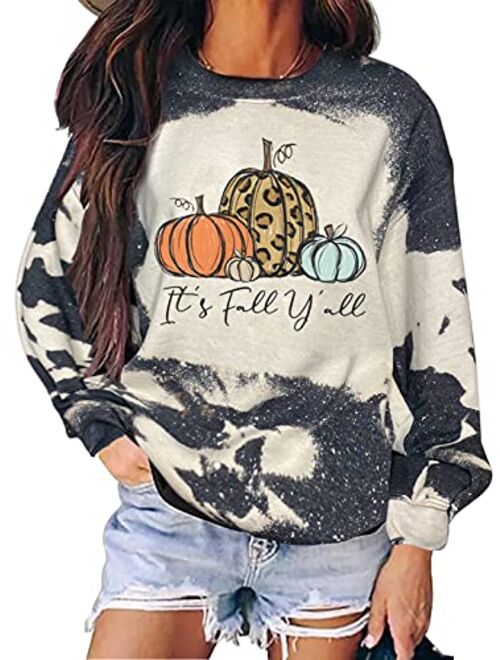 It's Fall Y'all Bleached Sweatshirt for Women Halloween Funny Pumpkin Graphic Pullover Tops Thanksgiving Sweatshirt Tees