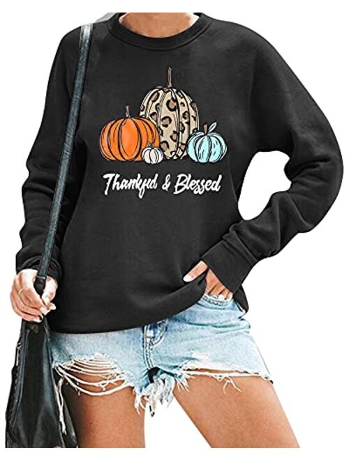 Womens Thanksgiving Shirt Thankful Blessed Sweatshirt Cute Leopard Pumpkin Pullover Shirt Casual Fall Long Sleeve Tops