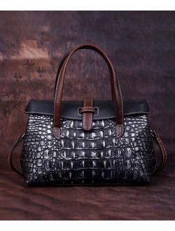 Black Croc-Embossed Tab-Detail Leather Satchel