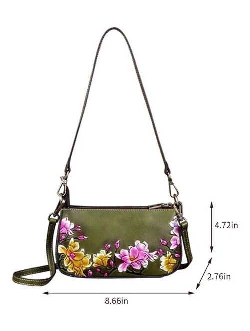 Bagatory Green & Pink Floral-Embossed Leather Hobo
