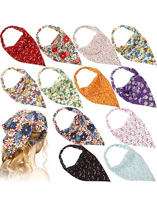 12 Pieces Elastic Hair Scarf Headband Bandana for Women Girl Floral Boho Turban Chiffon Head Scarves Kerchief Retro Triangle Headband with Hair Clips Flower Head Wrap (Fl