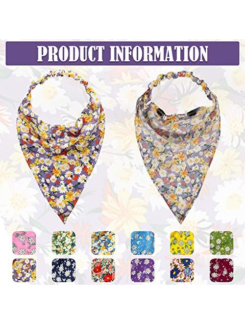 12 Pieces Elastic Hair Scarf Headband Bandana for Women Girl Floral Boho Turban Chiffon Head Scarves Kerchief Retro Triangle Headband with Hair Clips Flower Head Wrap (Fl