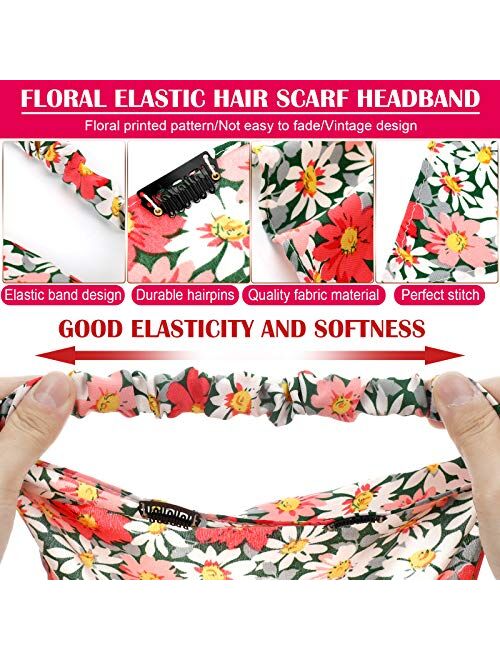 12 Pieces Elastic Hair Scarf Headband Bandana for Women Girl Floral Boho Turban Chiffon Head Scarves Kerchief Retro Triangle Headband with Hair Clips Flower Head Wrap (Fl