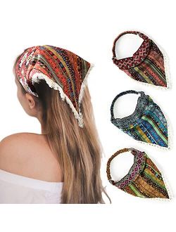 Boho Hair Bandanas Head Kerchief - 3Pcs Elastic Hair Scarves Headband with Fringe Trim Ethnic Bandana Headband Hair Kerchief with 2 Clips