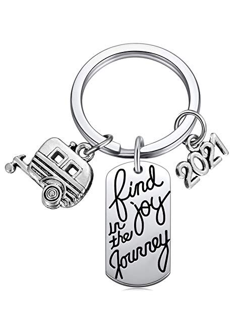 2021 Find Joy in The Journey Keychain Happy Camper RV Trailer Key Chain Enjoy Retirement Keyring for Boss and Coworker Gift