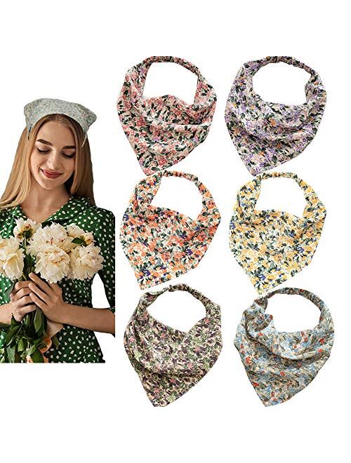 6 Pcs Floral Hair Bandanas Headband for Hair Scarf Chiffon Floral Head Kerchief Boho Hair Headbands Elastic Hair Bands with Hair Clips Scarf Hair Scrunchies