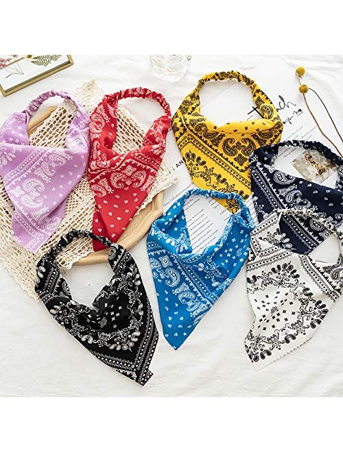 7 Pcs Floral Hair Scarf Bandanas Headbands for Woman Girls Elastic Hair Bands Ribbons Hair Scrunchies Chiffon Paisley Head Kerchief Boho Headbands