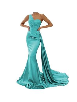 Mermaid Evening Gown One Shoulder Satin Long Prom Dresses Ball Gowns for Women Formal with Train