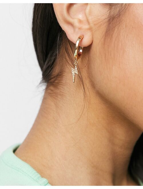 Asos Design hoop earrings with lightning bolt charm in gold tone