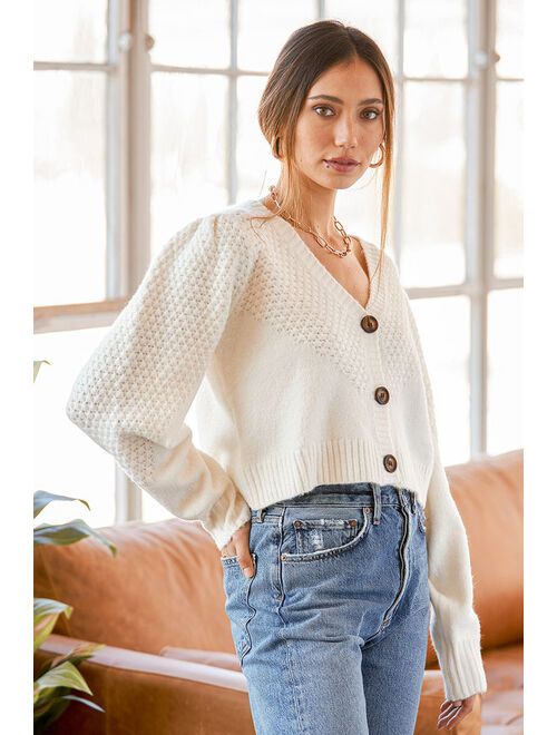 Lulus Warming Up to You Off White Knit Cropped Cardigan Sweater