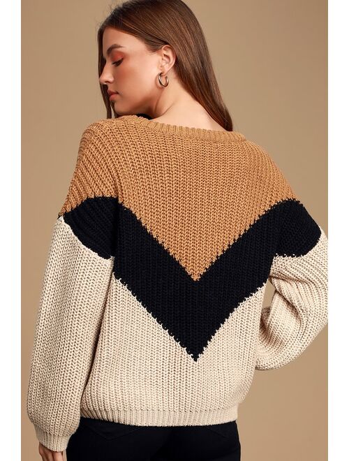 Lulus Autumn Leaves Tan Multi Chevron Stripe Knit Sweater