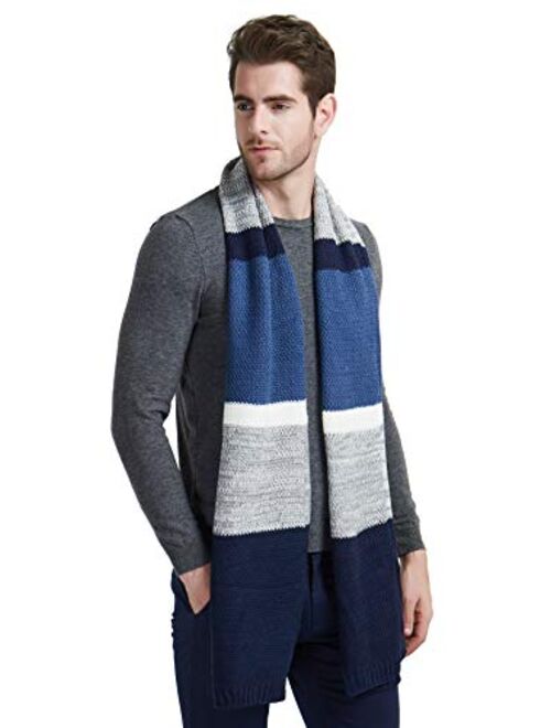 Winter Knit Scarf for Men, Cashmere Feel Wool Blend Long Scarf Color Block Striped Patchwork Soft Fashion Scarves